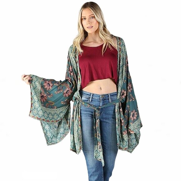 Bohemian Floral Waist-Tie Handkerchief Wrap Kimono - Picture 6 of 14